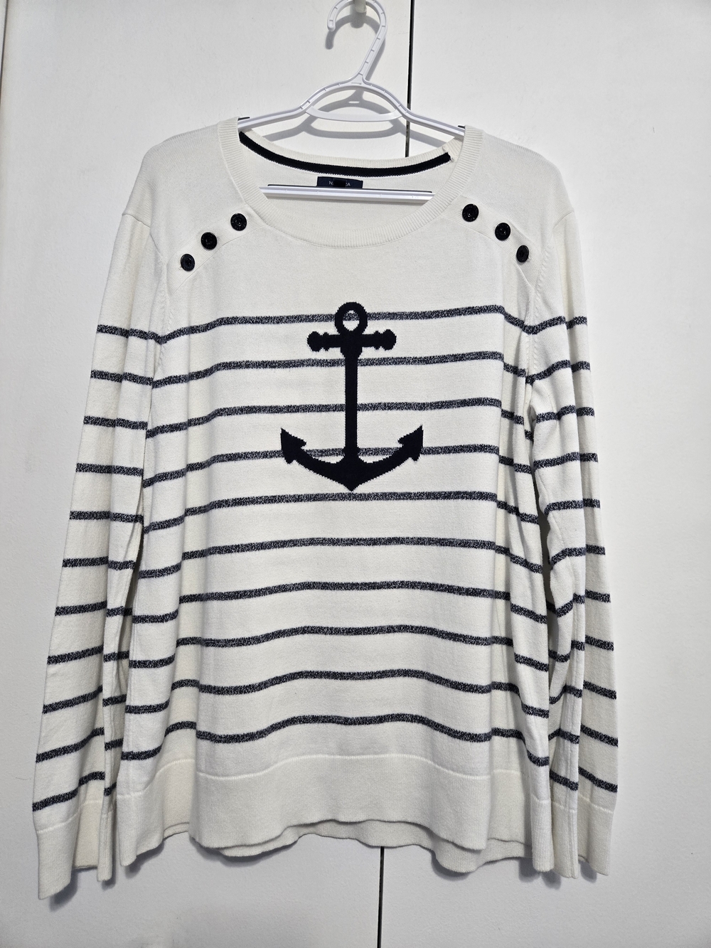 Nautica Anchor Stripe Sweater XXL White Navy Button Shoulder Nautical